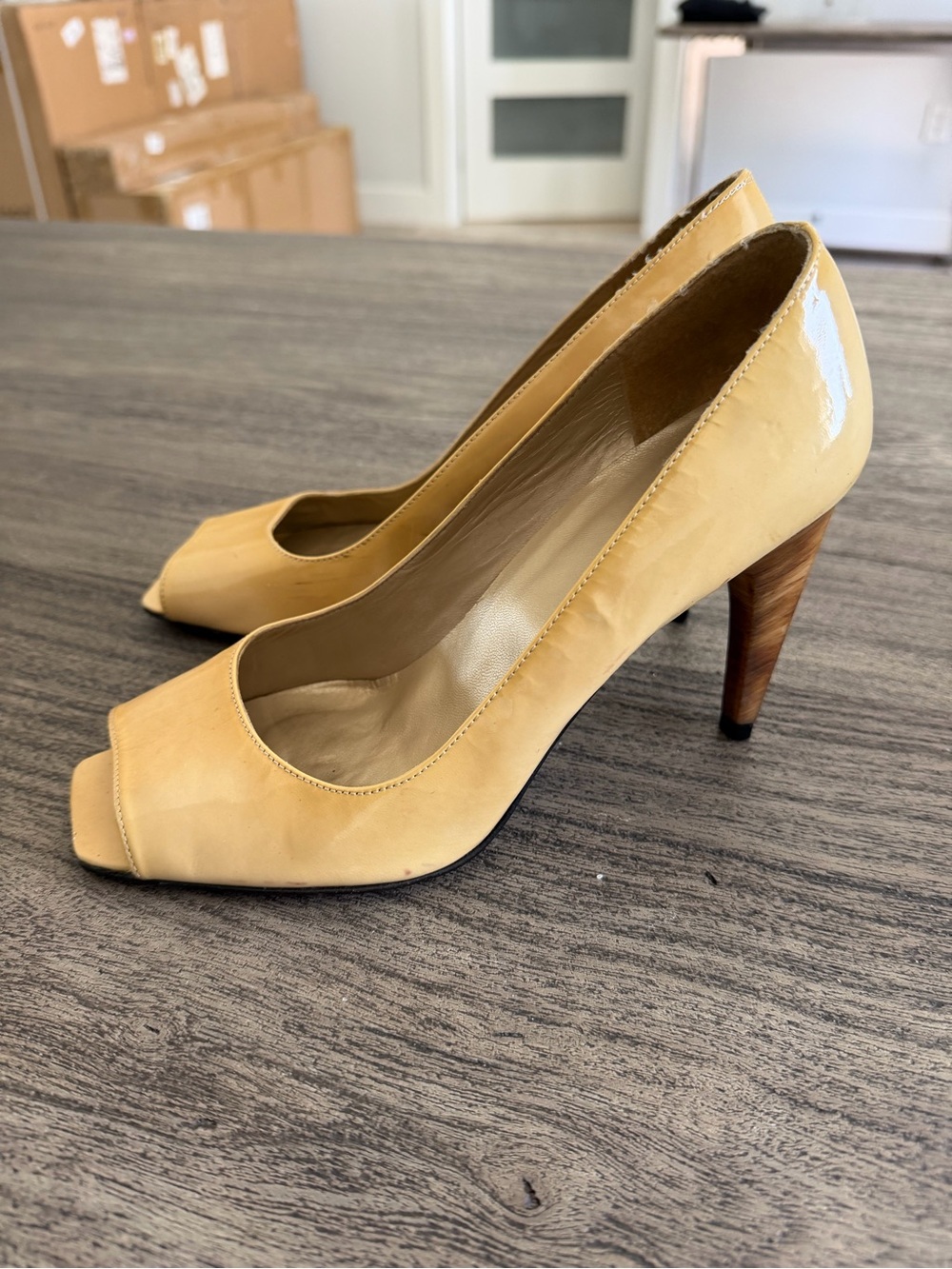Stuart Weitzman Patent Peep-Toe Heels in Butter Yellow - Picture 2 of 12